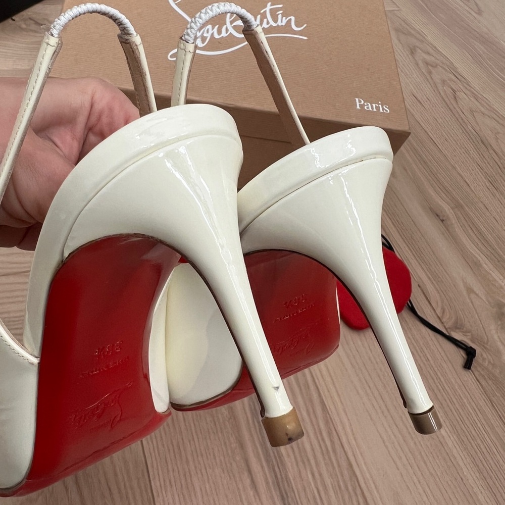 Christian Louboutin White Studded Slingback Heels with Red Soles - Picture 4 of 7